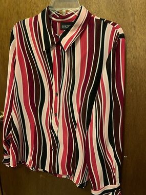 New York & Company Rose, Burgundy and Black Wavy-Stripe Button Blouse